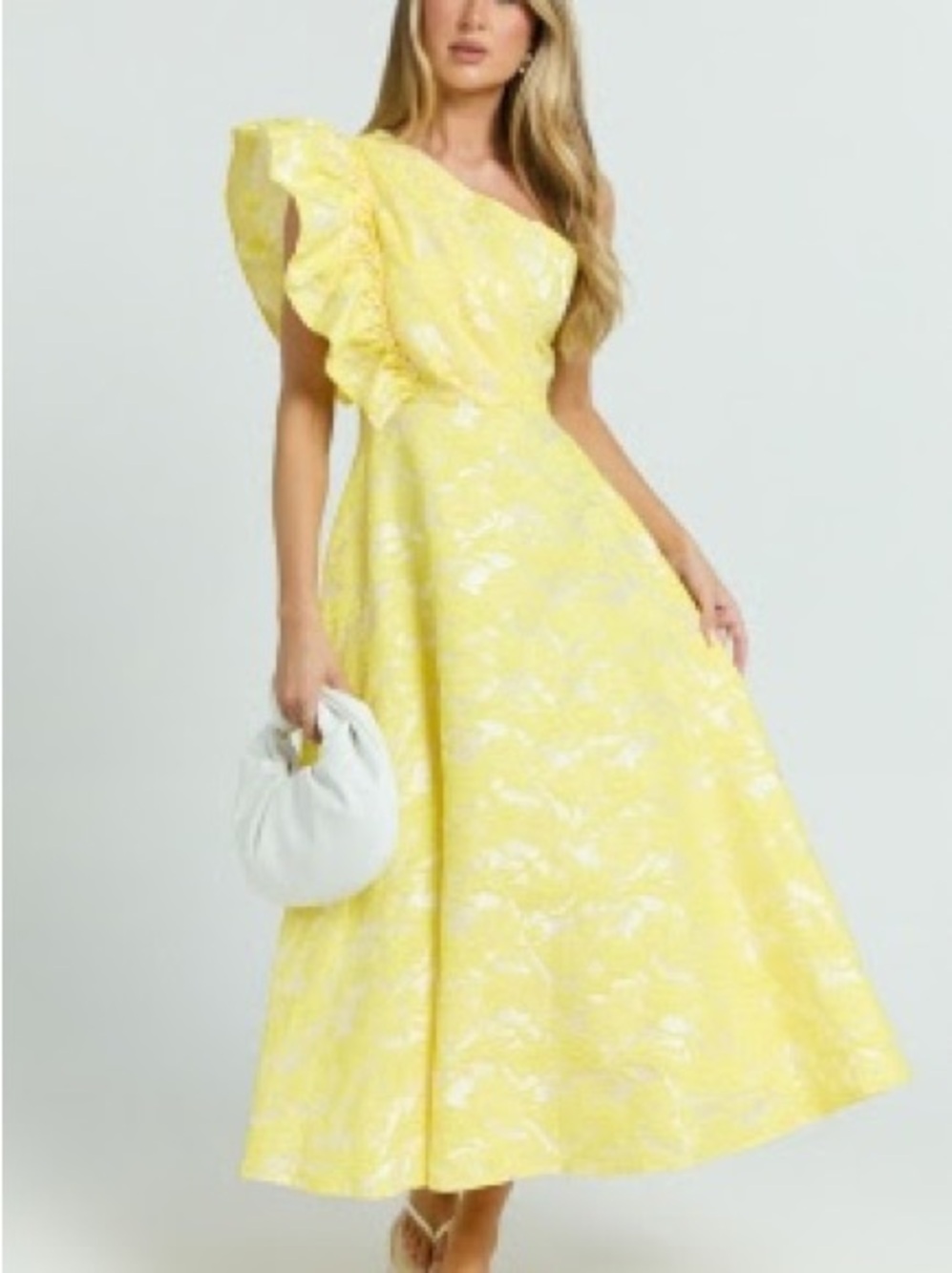 Showpo Yellow One-Shoulder Ruffle Midi Dress